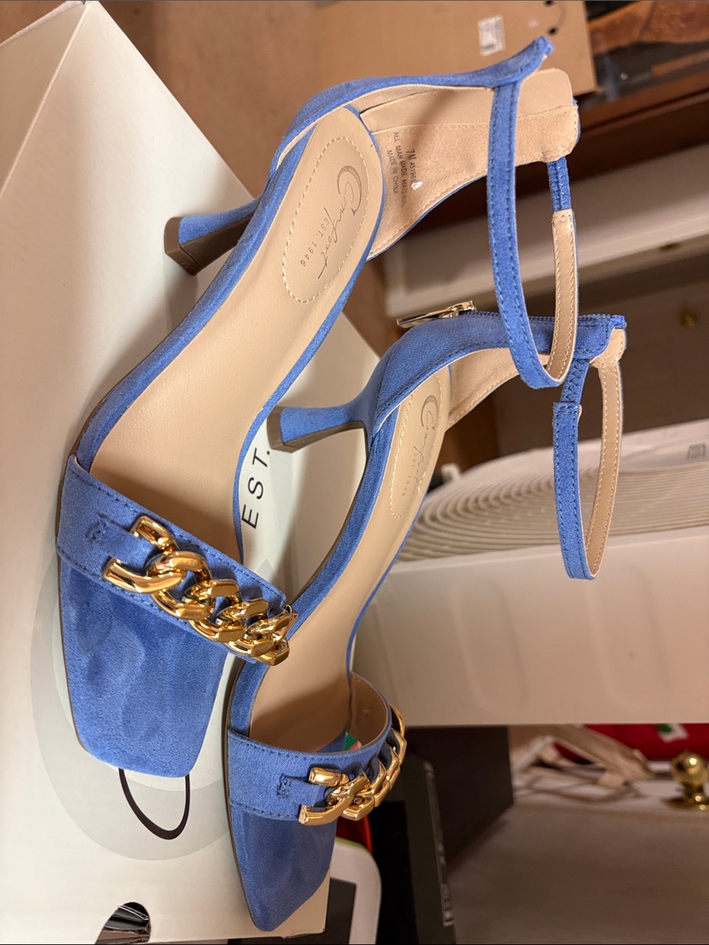 Cato Blue Suede Ankle-Strap Heels with Gold Chain